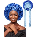 AWAYTR Satin Bonnet Silk Hair Wrap Sleeping Cap for Women with Curly Hair, Reversible Double Layer Sleep Cap with Tie Band (Blue) 7 7/8-8
