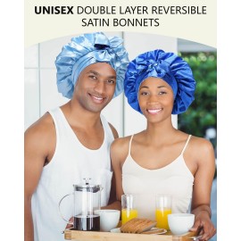 AWAYTR Satin Bonnet Silk Hair Wrap Sleeping Cap for Women with Curly Hair, Reversible Double Layer Sleep Cap with Tie Band (Blue) 7 7/8-8