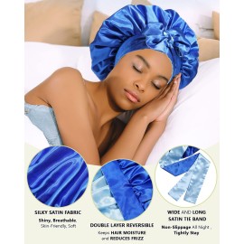 AWAYTR Satin Bonnet Silk Hair Wrap Sleeping Cap for Women with Curly Hair, Reversible Double Layer Sleep Cap with Tie Band (Blue) 7 7/8-8