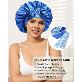 AWAYTR Satin Bonnet Silk Hair Wrap Sleeping Cap for Women with Curly Hair, Reversible Double Layer Sleep Cap with Tie Band (Blue) 7 7/8-8