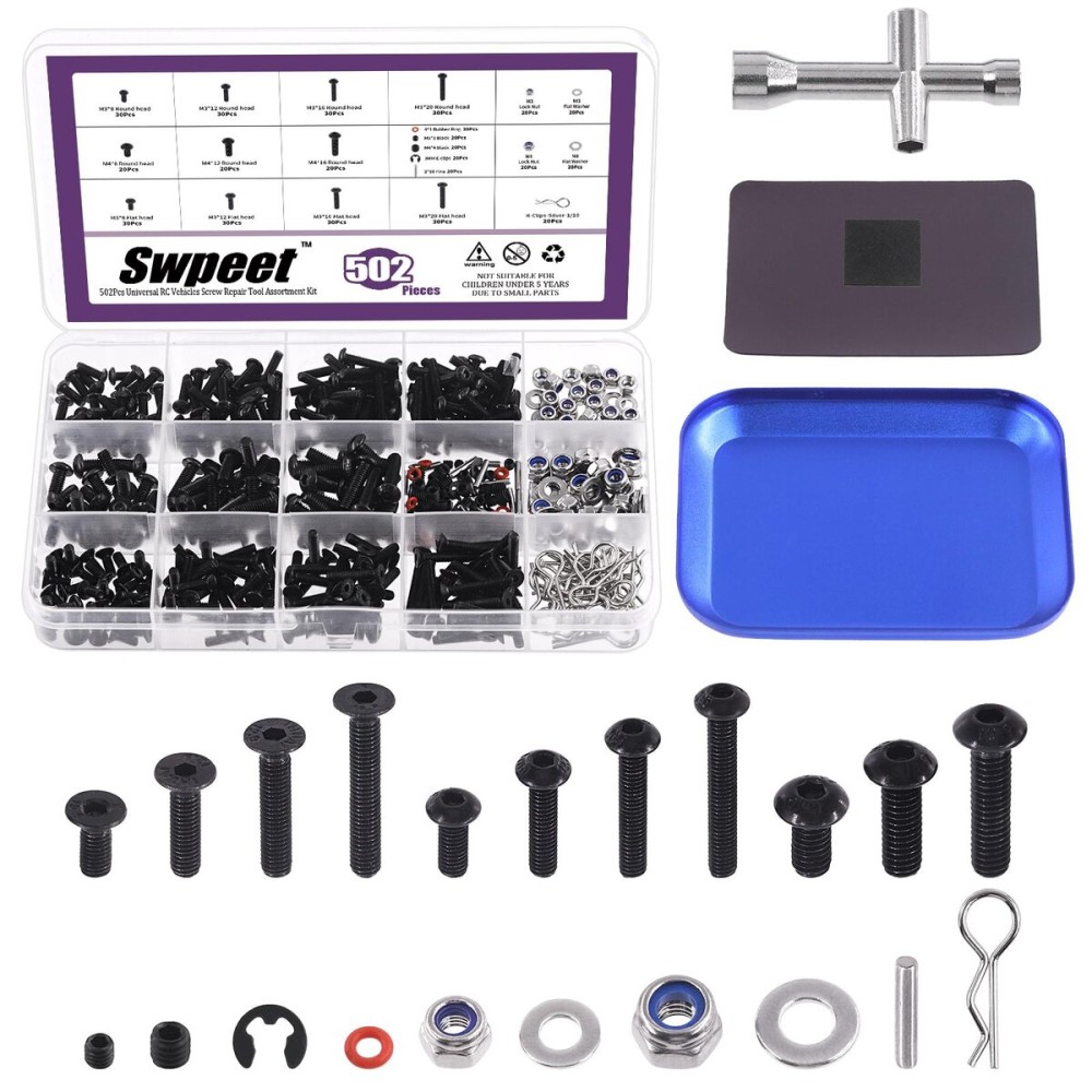 Swpeet 502Pcs Universal RC Screw Kit Screws Assortment Set, Hardware Fasteners Compatible with 1/8 1/10 1/12 1/16 Scale RC Cars, Includes M3&M4 Screws(Flat, Round Head, Hex Drive), Flat Washers, Pins