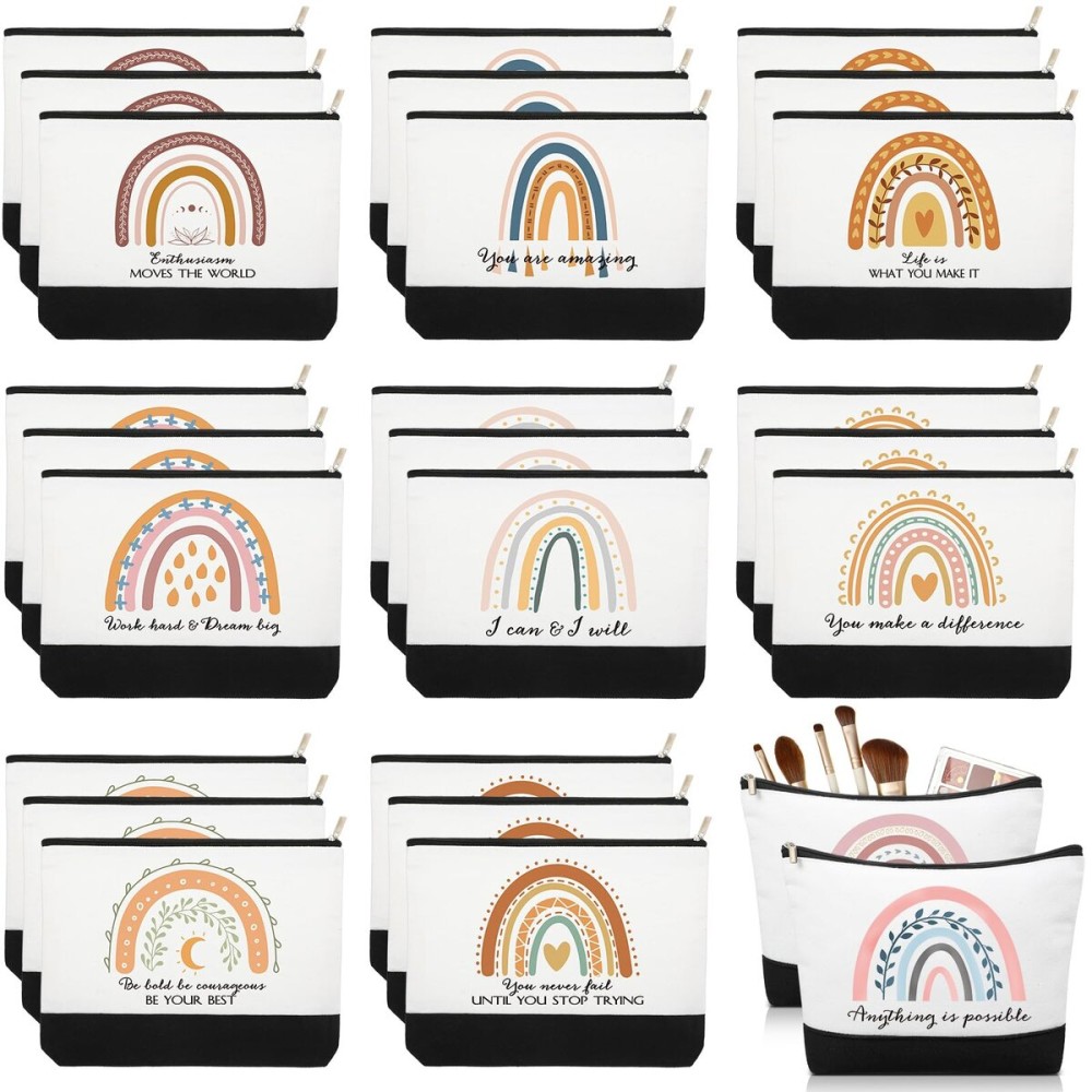 Sieral 30 Pcs Rainbow Canvas Makeup Bags Bulk Employee Appreciation Gifts Inspirational Cosmetic Bags Thank You Gifts for Back to School Teacher Student Coworker Must Haves Office(Motivational)