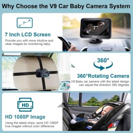DoHonest Baby Car Camera 7-Inch: USB Plug and Play Easy Setup 360 Degree Rotating Backseat Camera Two Kids HD 1080P Rear Facing Car Seat Cameras Clear Night Vision -V9