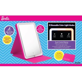 eKids Barbie Travel Mirror with Light and Adjustable Stand, Shatterproof Makeup Mirror with Rechargeable Battery, Designed for Fans of Barbie Accessories and Gifts