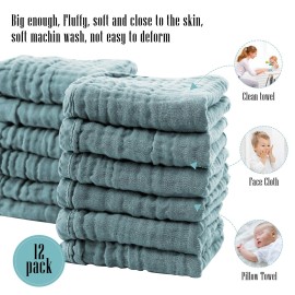 Cute Castle 12 Pack Muslin Burp Cloths for Baby - Ultra-Soft 100% Cotton Baby Washcloths - Large 20\'\' by 10\'\' Super Absorbent Milk Spit Up Rags - Burpy Cloths for Unisex, Boy, Girl - Dark Green