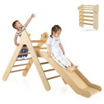 OLAKIDS Pikler Triangle Set 2 in 1 Climbing Toys for Toddlers Foldable Wood Montessori Baby Jungle Gym with Ladder Ramp Slide Kids Indoor Playground Activity Play Structure
