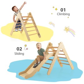 OLAKIDS Pikler Triangle Set 2 in 1 Climbing Toys for Toddlers Foldable Wood Montessori Baby Jungle Gym with Ladder Ramp Slide Kids Indoor Playground Activity Play Structure