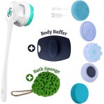 HTS 7 in 1 Complete Care Electric Body Brush Sonic Scrubber, Waterproof IPX7, Electric Bath Brush Back Scrubber with Long Handle for Men Women Gift(White)