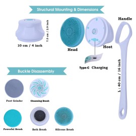 HTS 7 in 1 Complete Care Electric Body Brush Sonic Scrubber, Waterproof IPX7, Electric Bath Brush Back Scrubber with Long Handle for Men Women Gift(White)