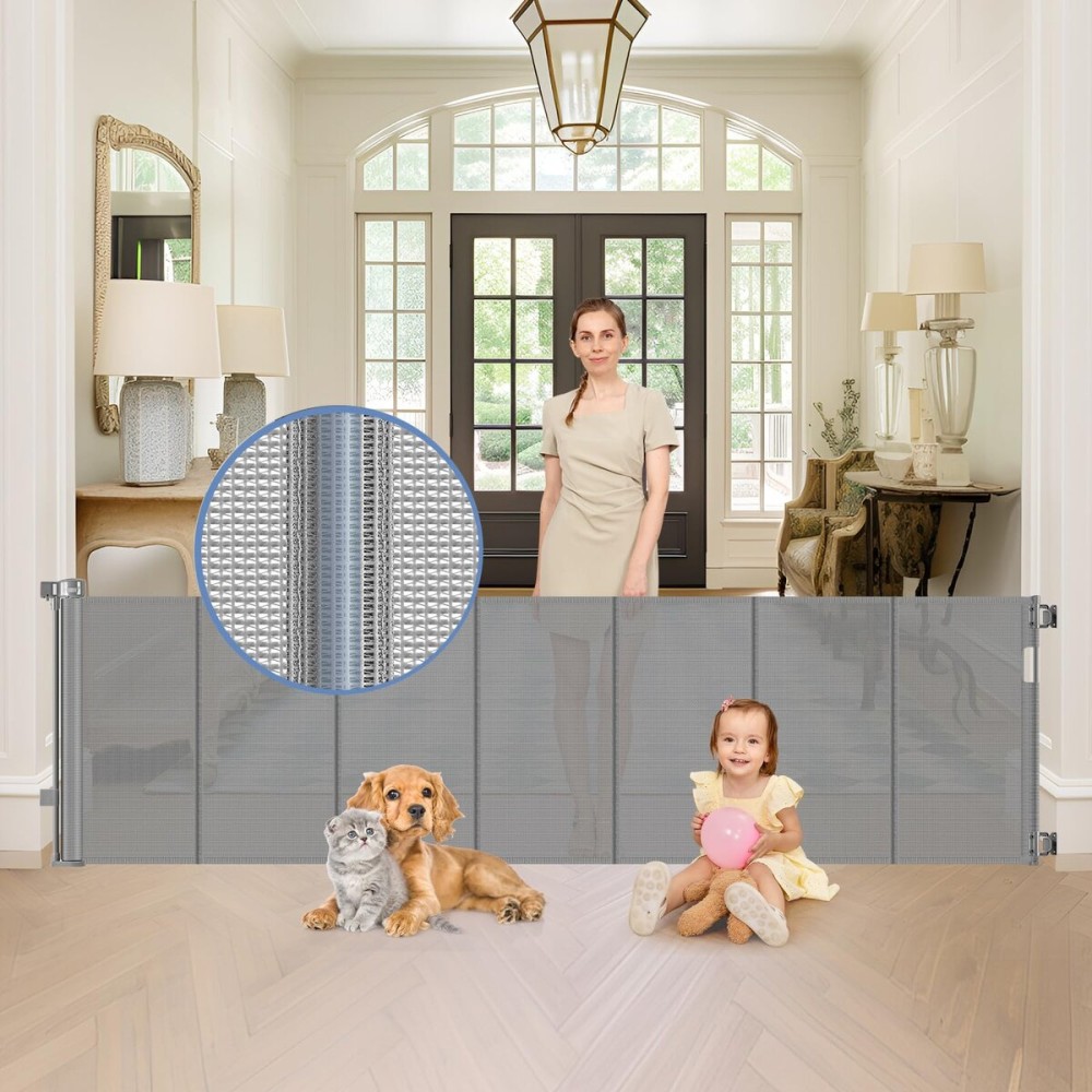 Reinforced bottom 90 Inch Extra Wide Baby Gate for Large Openings Retractable Baby Gates Extra Wide Upgraded Spring Retractable Dog Gate for Doorways Extra Wide Adjustable Bracket Retractable Pet Gate