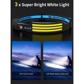 Smiling Shark LED Headlamp, 230Wide Angle 3*White Light 2 Pack The Brightest Head Lamp Rechargeable Motion Sensor Waterproof Headlight for Camping Hiking Outdoor, Head-Lamp-LED-Frontale-Light
