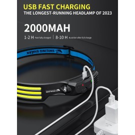Smiling Shark LED Headlamp, 230Wide Angle 3*White Light 2 Pack The Brightest Head Lamp Rechargeable Motion Sensor Waterproof Headlight for Camping Hiking Outdoor, Head-Lamp-LED-Frontale-Light