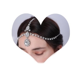 Aimimier Bohemian Crystal Head Chain Rhinestone Teardrop Forehead Chain Belly Dancer Jewelry Wedding Headpiece Prom Party Festival Hair Accessories for Women (Silver)