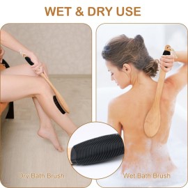 OWIIZI Horsehair Bath Brush Wooden Curved Long Handle Antiskid Shower Brush for Exfoliating, Natural Mane Scrubber for Back Use Wet or Dry,Back Scrub Deep Cleanse-17.2inches
