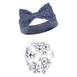 Hudson Baby Infant Girl Cotton Headband and Scratch Mitten Set, Blue Toile, 0-6 Months