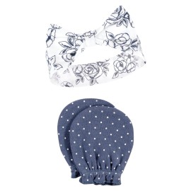 Hudson Baby Infant Girl Cotton Headband and Scratch Mitten Set, Blue Toile, 0-6 Months