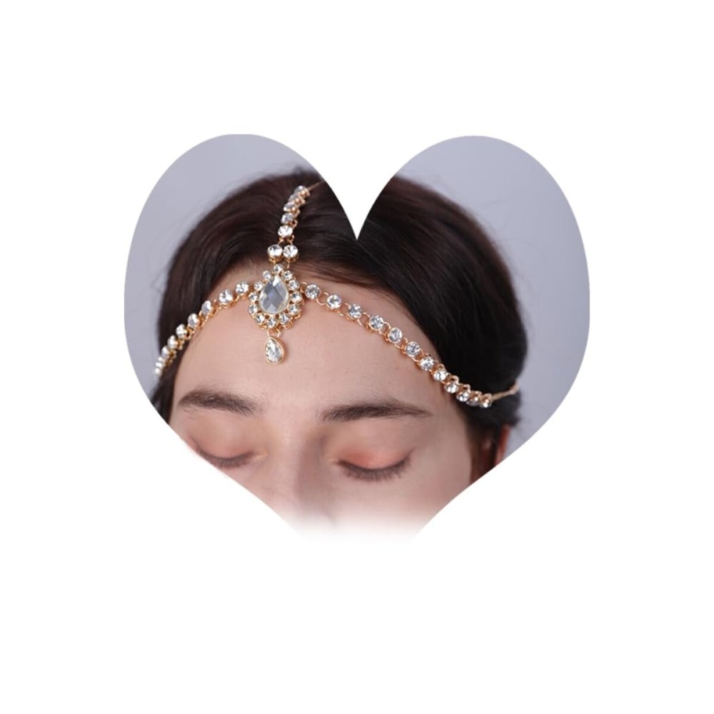 Aimimier Boho Dainty Crystal Head Chain Rhinestone Teardrop Forehead Chain Belly Dancer Jewelry Wedding Headband Prom Party Festival Hair Accessories for Women (Gold)