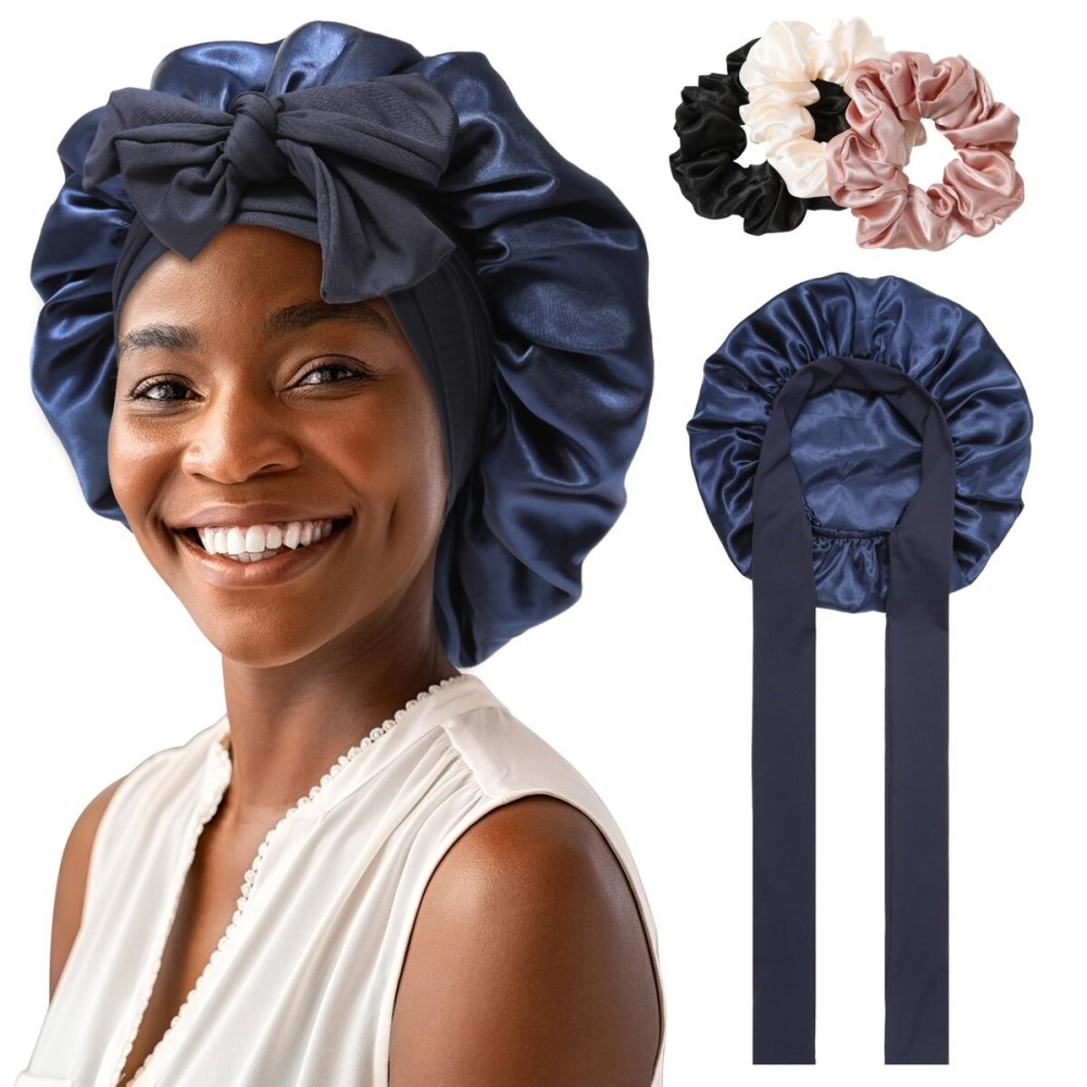 AWAYTR Women\'s Large Satin Sleep Cap Nightcap with 3 Bonus Satin Hair Scrunchies (Navy)