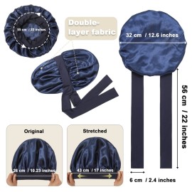 AWAYTR Women\'s Large Satin Sleep Cap Nightcap with 3 Bonus Satin Hair Scrunchies (Navy)