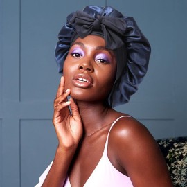 AWAYTR Women\'s Large Satin Sleep Cap Nightcap with 3 Bonus Satin Hair Scrunchies (Navy)