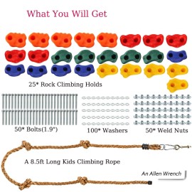 ZENFUN 25 Packs Rock Climbing Holds for Kids and Adults, Indoor & Outdoor Rock Wall Climbing Kit, Multi-Colored Climbing Rock Wall Grips with Mounting Hardware, Knotted Rope and 25 Handles