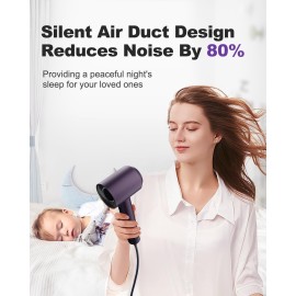 7MAGIC High-Speed Hair Dryer, 110,000RPM Brushless Motor for Fast Drying, 1400W Blow Dryer with Tri-Colour LED Light Ring, Low Noise Ionic Hair Dryer for Home and Travel, Magnetic Nozzle, Purple