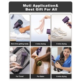 7MAGIC High-Speed Hair Dryer, 110,000RPM Brushless Motor for Fast Drying, 1400W Blow Dryer with Tri-Colour LED Light Ring, Low Noise Ionic Hair Dryer for Home and Travel, Magnetic Nozzle, Purple