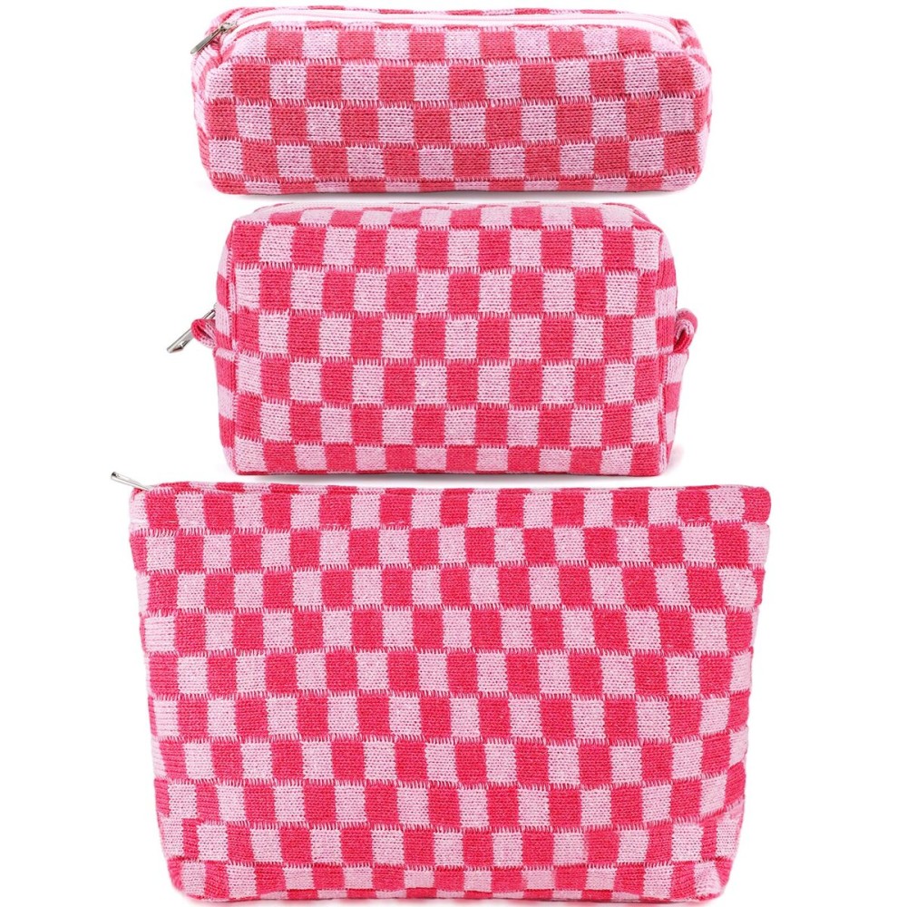 ZLFSRQ 3Pcs Checkered Makeup Bag for Women Large Small Checkered Cosmetic Bag Set Cute Aesthetic Pink Makeup Pouch for Purse Travel Toiletry Bags Preppy Pencil Bags Zipper Skincare Storage Organizer