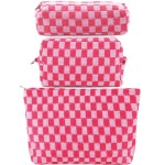 ZLFSRQ 3Pcs Checkered Makeup Bag for Women Large Small Checkered Cosmetic Bag Set Cute Aesthetic Pink Makeup Pouch for Purse Travel Toiletry Bags Preppy Pencil Bags Zipper Skincare Storage Organizer