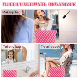 ZLFSRQ 3Pcs Checkered Makeup Bag for Women Large Small Checkered Cosmetic Bag Set Cute Aesthetic Pink Makeup Pouch for Purse Travel Toiletry Bags Preppy Pencil Bags Zipper Skincare Storage Organizer