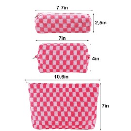 ZLFSRQ 3Pcs Checkered Makeup Bag for Women Large Small Checkered Cosmetic Bag Set Cute Aesthetic Pink Makeup Pouch for Purse Travel Toiletry Bags Preppy Pencil Bags Zipper Skincare Storage Organizer