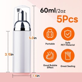 Foam Pump Bottle 60ml Lash Soap Dispenser Bottle Travel 5Pcs Empty Plasitc Refillable Mini Bottle for Hand Soap Shampoo Lash Cleanser Foam Bottle