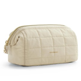 BAGSMART Makeup Bag Cosmetic Bag Wide Open, Beige, M, Wide-open Travel Makeup Bag With Puffy Padded and Rectangular Quilted