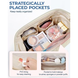 BAGSMART Makeup Bag Cosmetic Bag Wide Open, Beige, M, Wide-open Travel Makeup Bag With Puffy Padded and Rectangular Quilted