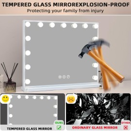 Fenair Vanity Mirror with Lights 22.8x 18.1 Makeup Mirror with Lights and 15 Dimmable Bulbs,3 Colors Modes,Hollywood Mirror with USB Charging Port and 10X Detachable Magnification Mirror