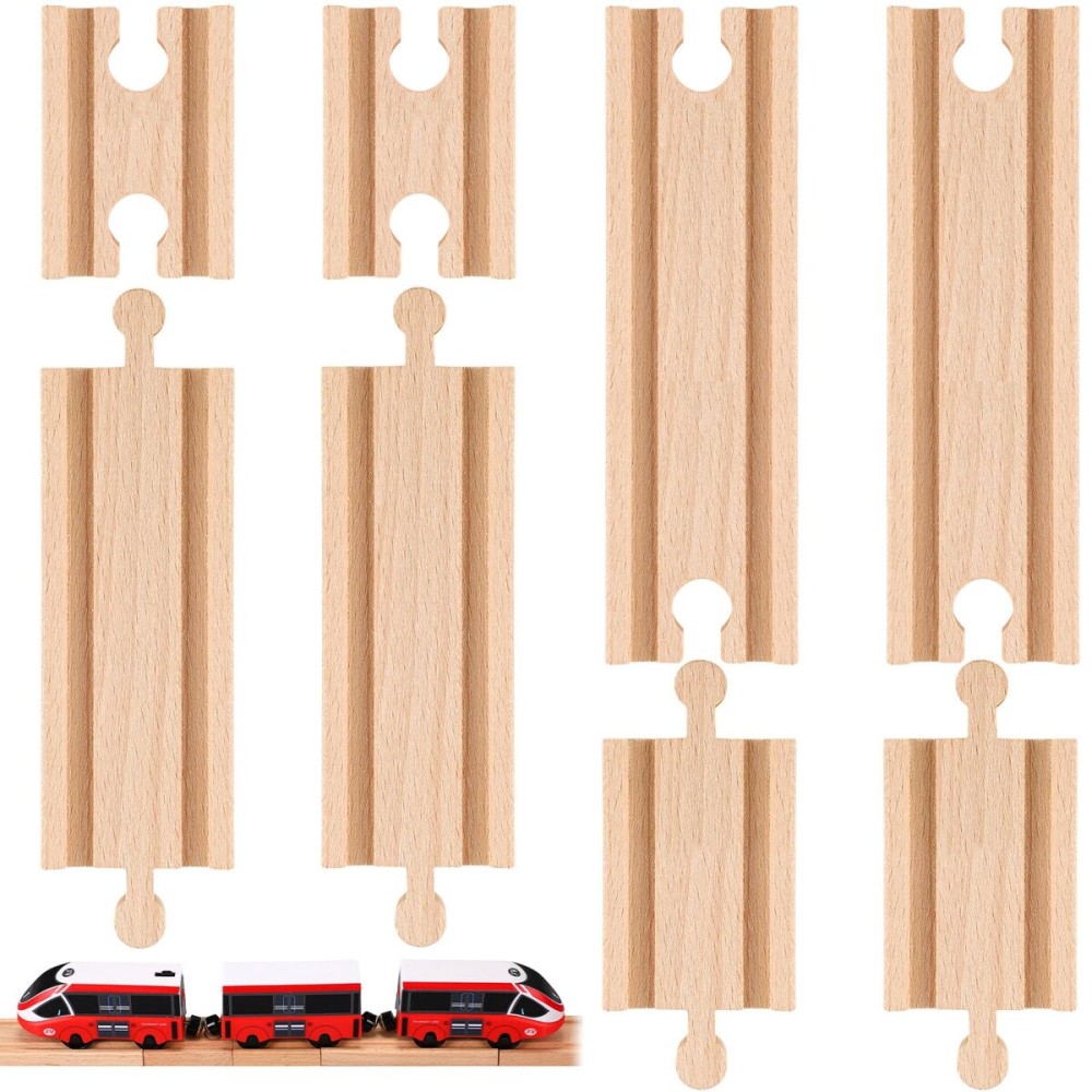 Liliful 8 Pcs Straight Wooden Tracks Expansion Train Track Adapters Connectors for Table Activity, Compatible with Railroad Set