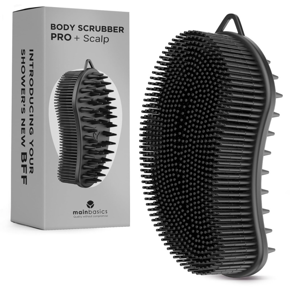 MainBasics Silicone Body Scrubber - Dual-Sided Shower & Scalp Scrubber, Gentle Silicone Loofah Alternative for Deep Clean (Black, Scalp)