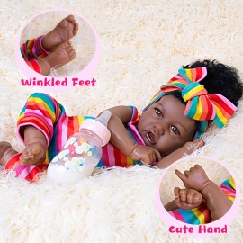 EKOKIZ Real Life Baby Dolls 20-Inch Reborn Baby Dolls with Hair Soft Cloth Body Baby African American Realistic Baby Doll That Look Real Fake Baby Doll with Toy for Kids Age 3+