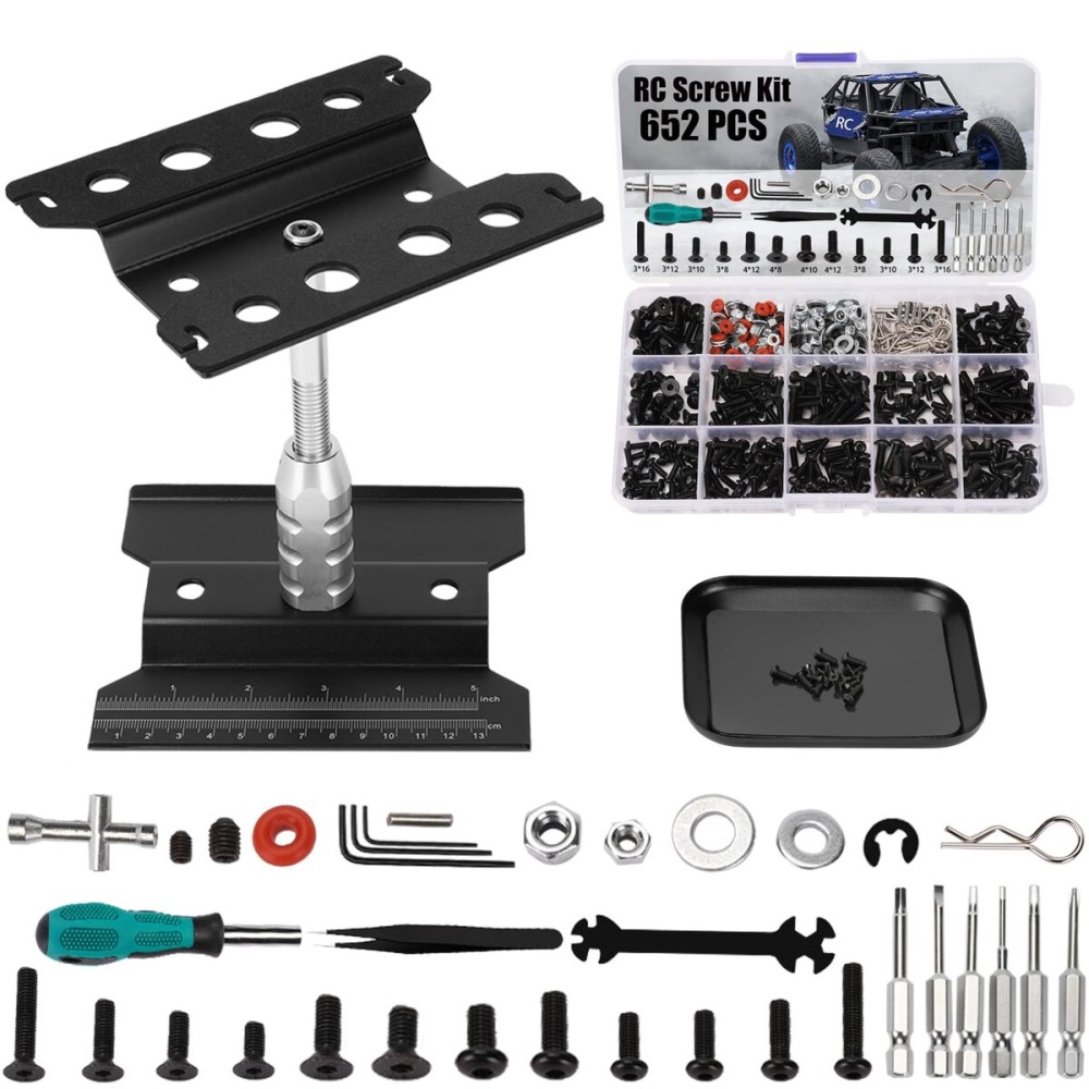 RC Car Repair Work Stand 652 PCS Screw Kit RC Repair Kit Universal RC Screw Set for Arrma Redcat Traxxas Axial HPI Losi 1/8 1/10 1/12 1/16 Scale RC Cars Trucks Crawler