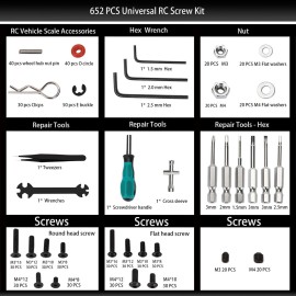 RC Car Repair Work Stand 652 PCS Screw Kit RC Repair Kit Universal RC Screw Set for Arrma Redcat Traxxas Axial HPI Losi 1/8 1/10 1/12 1/16 Scale RC Cars Trucks Crawler