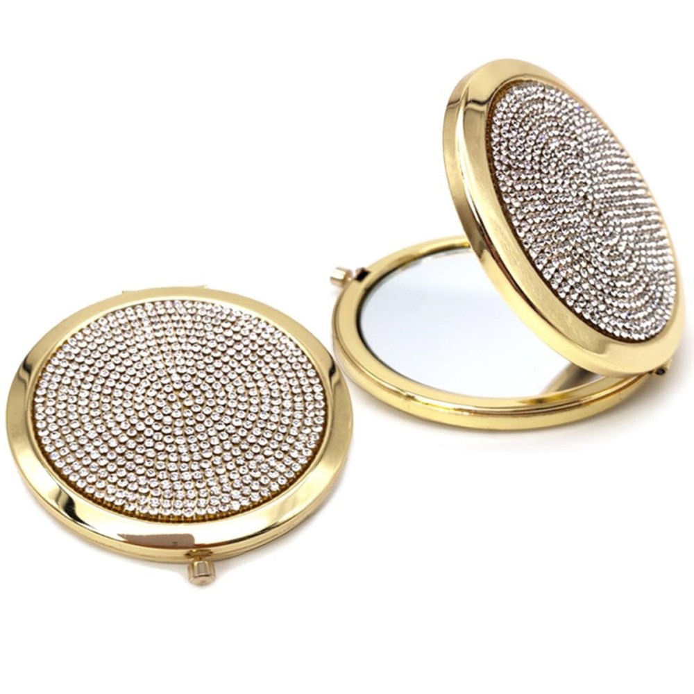 Reazana 2pcs Magnifying Compact Mirrors Pocket Makeup Mirror 1X 2X Folding Cosmetic Mirror Foldable Mini Round Travel Mirrors 2.75 Inch Sturdy Metal with Diamonds Gifts for Women Girls (Golden)