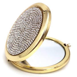 Reazana 2pcs Magnifying Compact Mirrors Pocket Makeup Mirror 1X 2X Folding Cosmetic Mirror Foldable Mini Round Travel Mirrors 2.75 Inch Sturdy Metal with Diamonds Gifts for Women Girls (Golden)