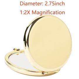 Reazana 2pcs Magnifying Compact Mirrors Pocket Makeup Mirror 1X 2X Folding Cosmetic Mirror Foldable Mini Round Travel Mirrors 2.75 Inch Sturdy Metal with Diamonds Gifts for Women Girls (Golden)