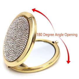 Reazana 2pcs Magnifying Compact Mirrors Pocket Makeup Mirror 1X 2X Folding Cosmetic Mirror Foldable Mini Round Travel Mirrors 2.75 Inch Sturdy Metal with Diamonds Gifts for Women Girls (Golden)