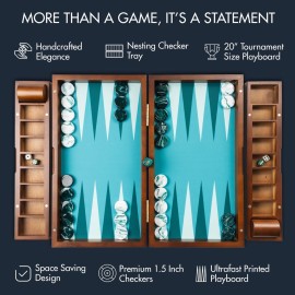 Pointworks 20 Inch Large Backgammon Sets for Adults, Green Backgammon Board, Solid Wood. Removable Accessory Tray, Premium 1.5 Inch Checkers & Dice Set, Backgammon Game Set Backgammon Table