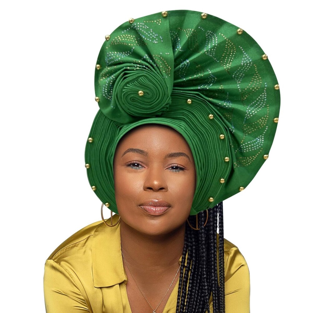 Nigerian Headtie African Head Wraps Already Made Auto Gele African Turban Cap for Party (Green) Nigerian Headtie African Head Wraps Already Made Auto Gele African Turban Cap for Party (Green)