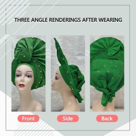 Nigerian Headtie African Head Wraps Already Made Auto Gele African Turban Cap for Party (Green) Nigerian Headtie African Head Wraps Already Made Auto Gele African Turban Cap for Party (Green)