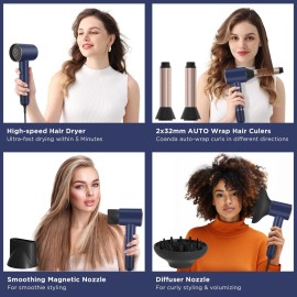 PARWIN PRO BEAUTY Air-Sonic Hair Dryer with Diffuser, HD-LED Display & 110, 000 RPM High Speed Ionic Blow Dryer, 1 1/4 Inch Left & Right Air Auto-Wrap Curlers, Prussian Blue Professional Version