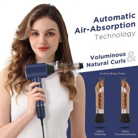 PARWIN PRO BEAUTY Air-Sonic Hair Dryer with Diffuser, HD-LED Display & 110, 000 RPM High Speed Ionic Blow Dryer, 1 1/4 Inch Left & Right Air Auto-Wrap Curlers, Prussian Blue Professional Version