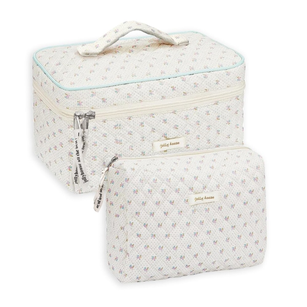 GEMLORD 2Pcs Cotton Quilted Makeup Bag Large Travel Coquette Aesthetic Toiletry Bag Floral Cute Cosmetic Bags for Women Girls